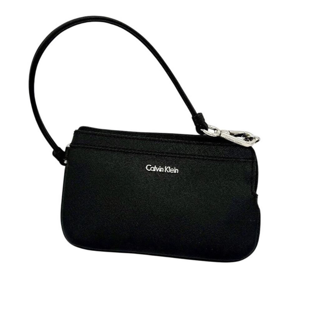 CK Black Saffiano Leather Wristlet Pouch Silver Logo Zip‎ Wallet - Calvin Klein
